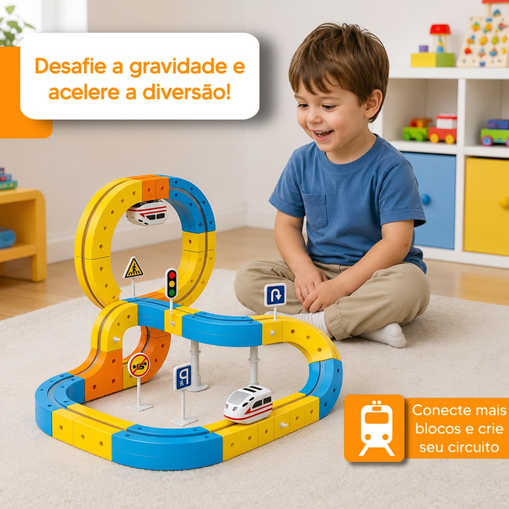 Trem Magnético Kit Cube Track 48/51/81/123 Peças Trilhos 3D Flexíveis Pista Blocos Educativa Desenvolve Recarrega USB