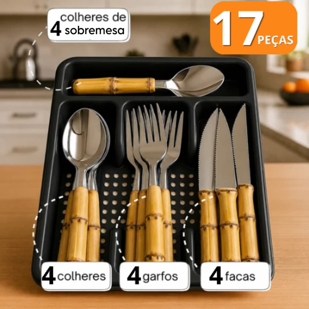 Jogo de Talheres 17 Peças Faca Garfo Colher e Colheres de Sobremesa + Suporte Em Cabo Plástico Bambu Restaurante