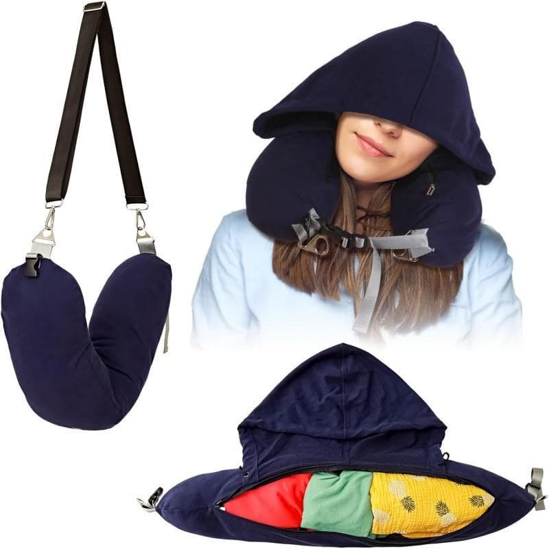 Bolso com capuz roupas preenchíveis encosto de cabeça com capuz em forma de U travesseiro saco de armazenamento avião vi
