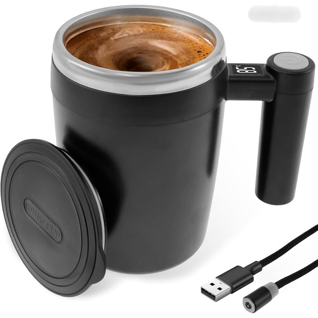 Copo Autoagitador de Aço Inoxidável, 400 ml, Caneca de Café Autoagitadora com Agitador Magnético, Base Removível e Antid