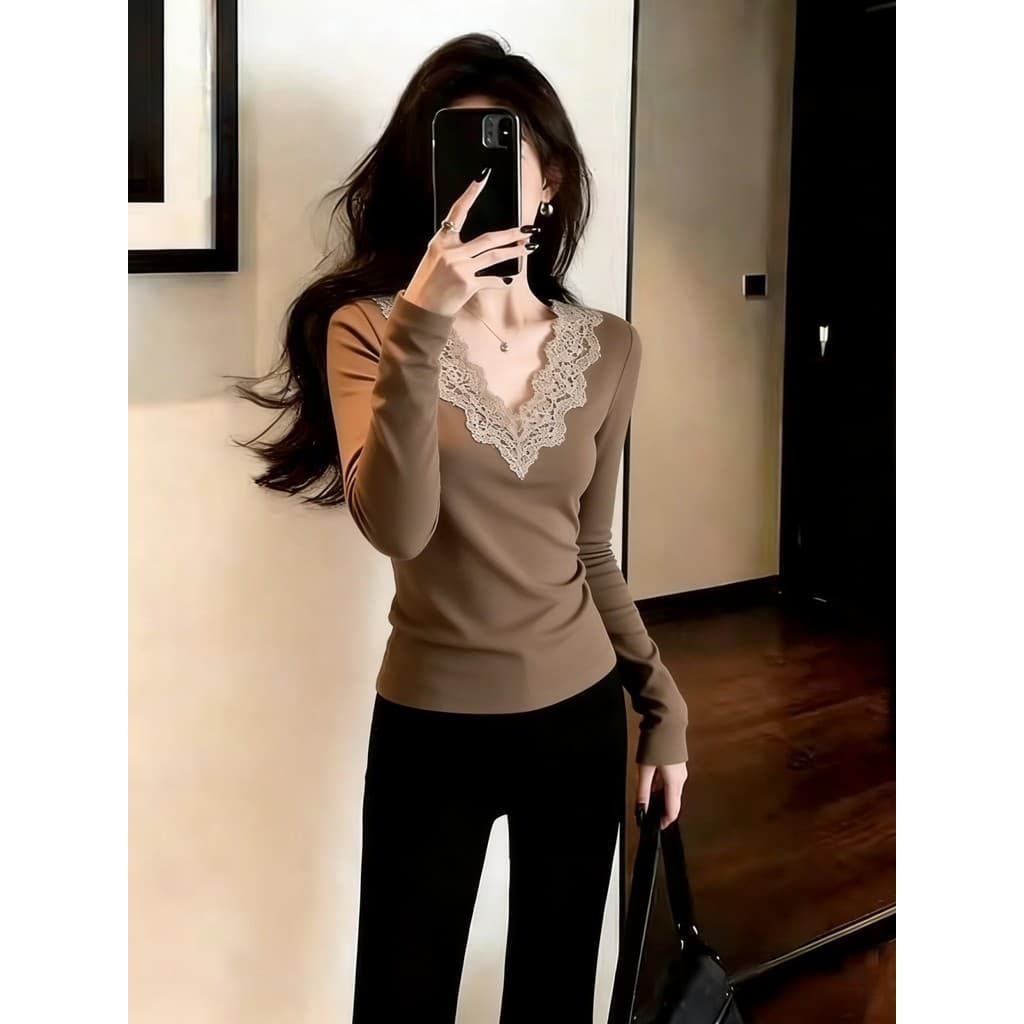 Francês com decote em V renda costura manga comprida camiseta feminina magro ajuste mais magro olhar Design sentir Base