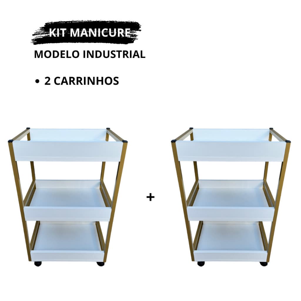 Kit 2 Carrinhos Auxiliares para Manicure MDF Industrial com 3 Bandejas