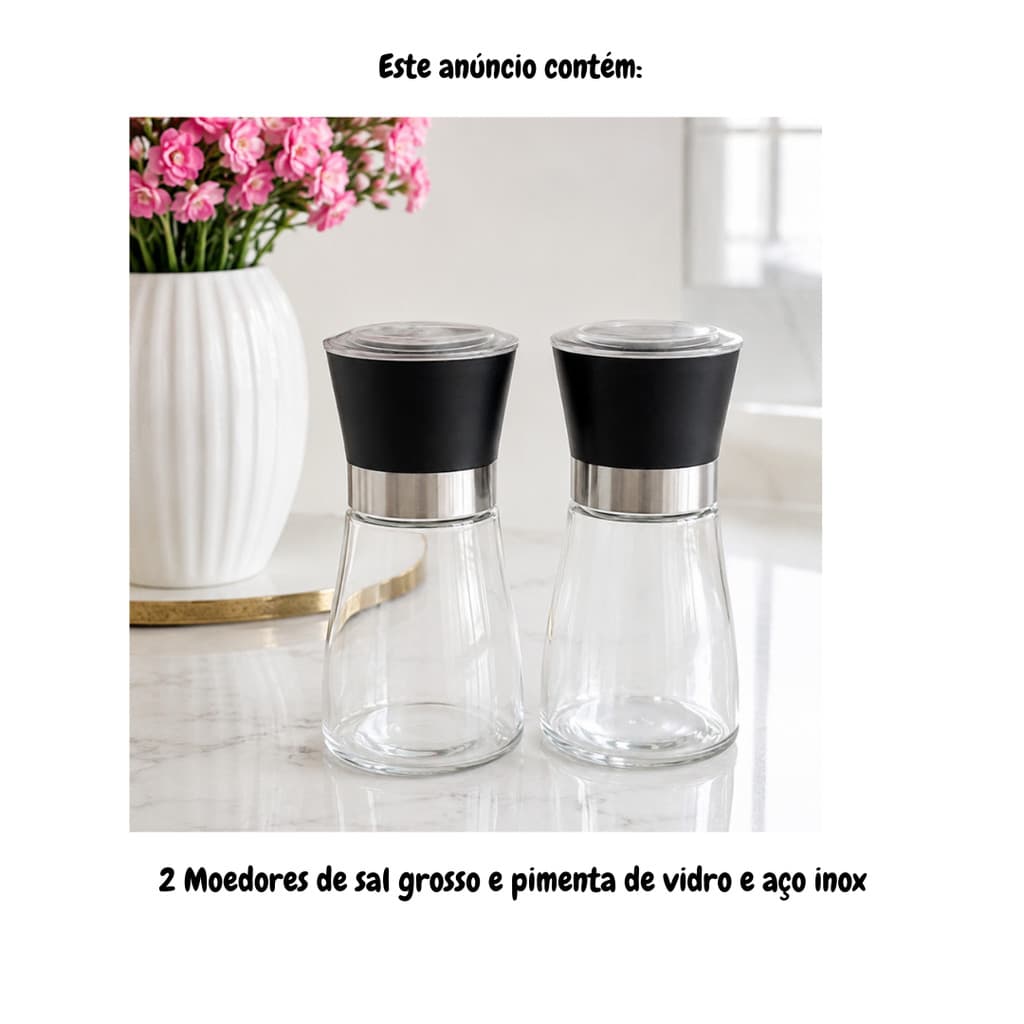 Kit 2 Moedores Manual Sal Grosso Rosa e Pimenta do Reino Vidro e Aço Inox com Regulagem de Moagem