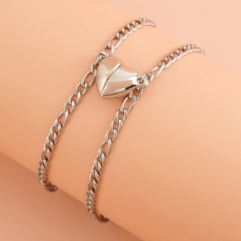 2 Pçs / Conjunto Pulseira De Aço Inoxidável Casal Em Forma De Coração Ímã Trançado / Corda Amizade Pulso Cadeia De Jóias