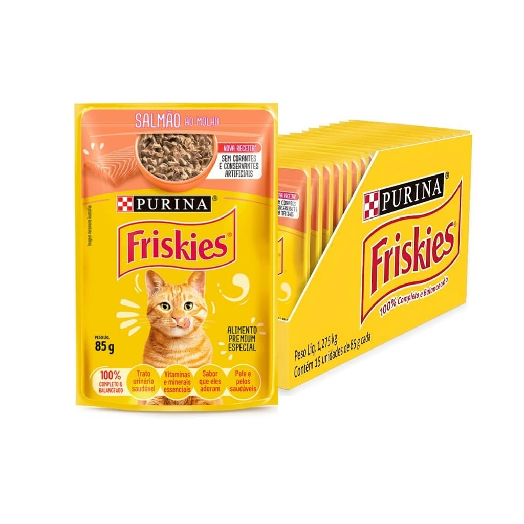 Kit 15 Ração Úmida Purina Friskies Sachê para Gatos Adultos sabor Salmão ao Molho 85g