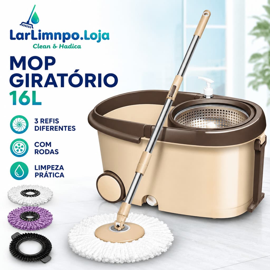 Esfregão Mop Giratório 16L com Cesto Inox, Cabo 140cm e 3 Refis – Rodo 360° para Limpeza de Pisos