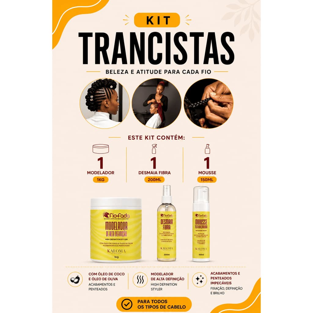 Kit Fio de Fada 1 Modelador 1KG + 1 Mousse + 1 Desmaia Fibra Acabamento Penteados Anti Frizz