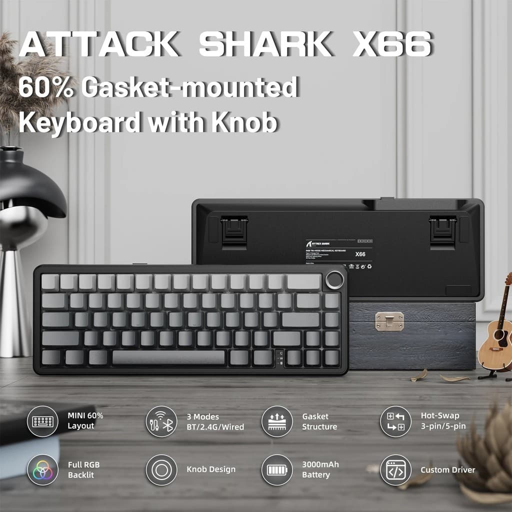 Teclado Mecânico Sem Fio Para Jogos Attack Shark X66 Gasket Com Botão De Volume RGB Retroiluminado Lado Impresso Teclas