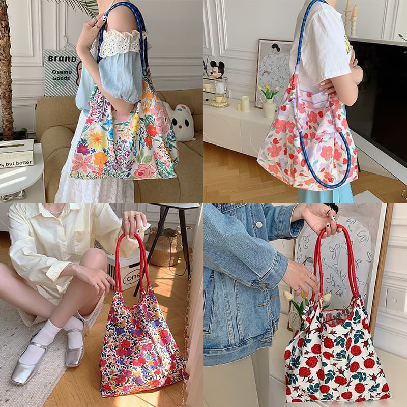 Korean Style Summer Large Capacity Hand Shoulder Bag Drawstring Shopping Bag Fresh Floral Tote Bag Underarm Bag z9Ts
