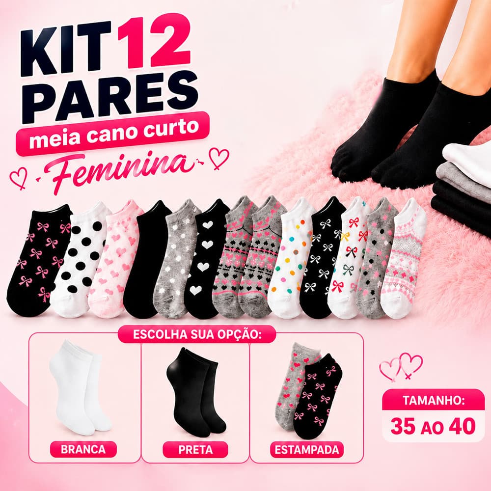 Kit Meias Femininas Cano Curto Soquete Sapatilha 35 ao 40 12 Pares