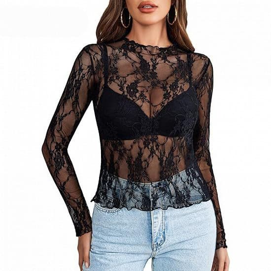 Camisa de Renda Feminina de Manga Longa Transparente com Estampa Floral