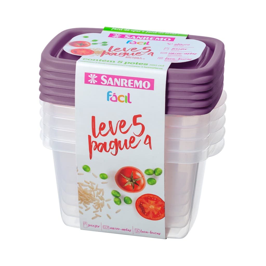 Conjunto 5 Potes Plastico Sanremo 580ML - Cores Aleatórias