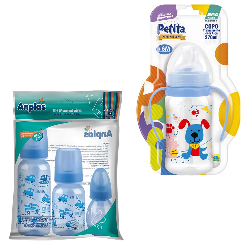 Kit 3 Mamadeiras e Copo Treinamento com Alça Bico e Macio