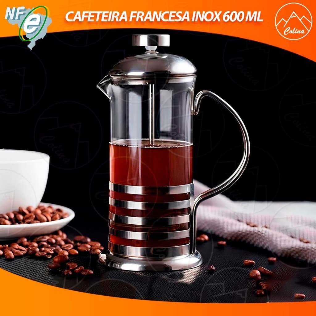 Cafeteira Prensa Francesa 600ML Aço Inox e Vidro Café, Leite e Chá  Nano Shop