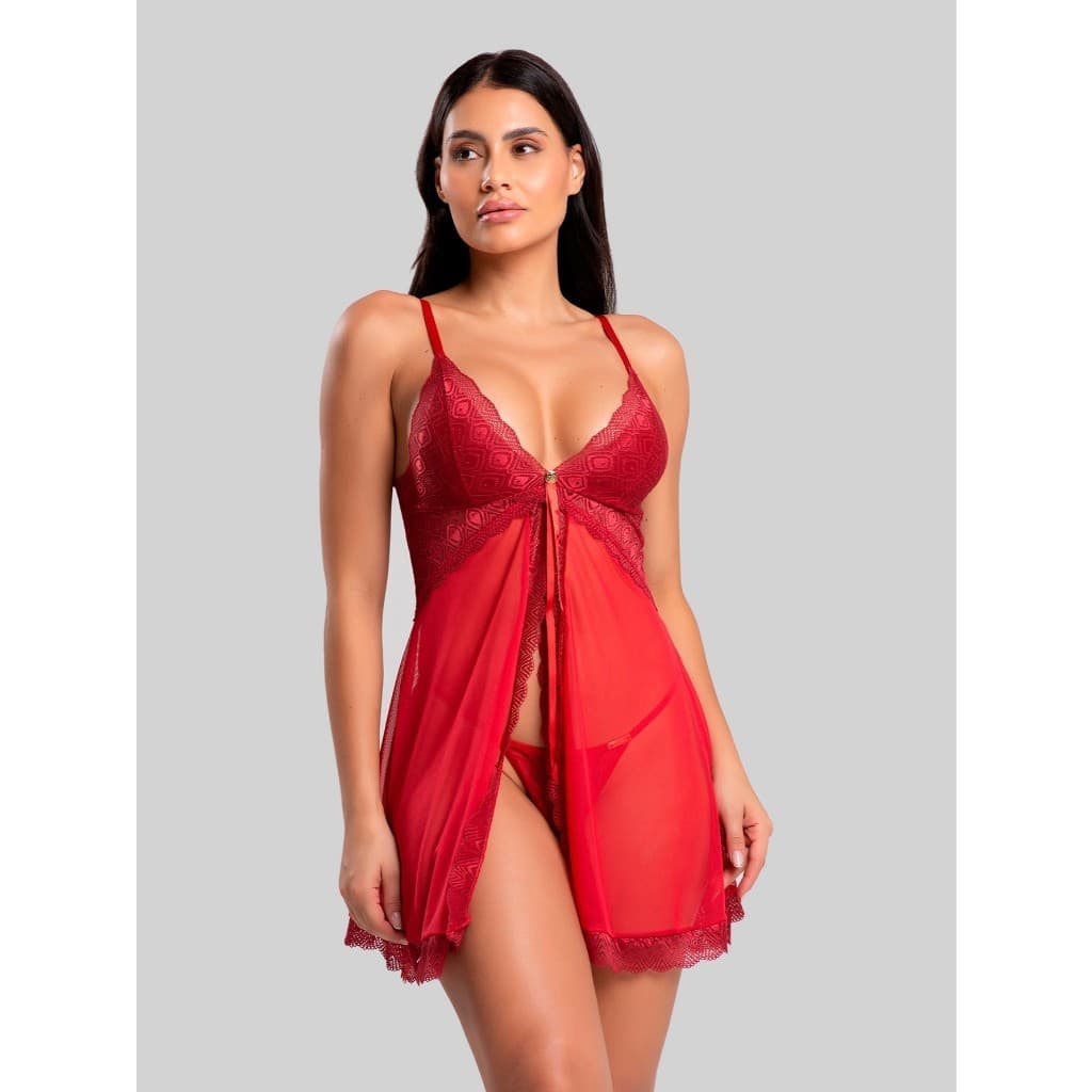 Camisola Sensual Louise Sem Bojo Calcinha Fio e Fenda Frontal em Tule e Renda
