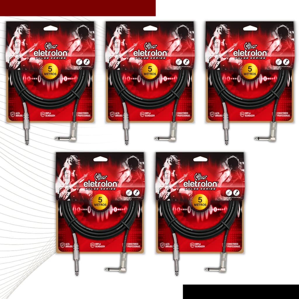 Kit 5 Cabo P10 Mono Para P10 Mono 90º Graus Violão Guitarra Baixo 5m Metros - Pulse Eletrolon