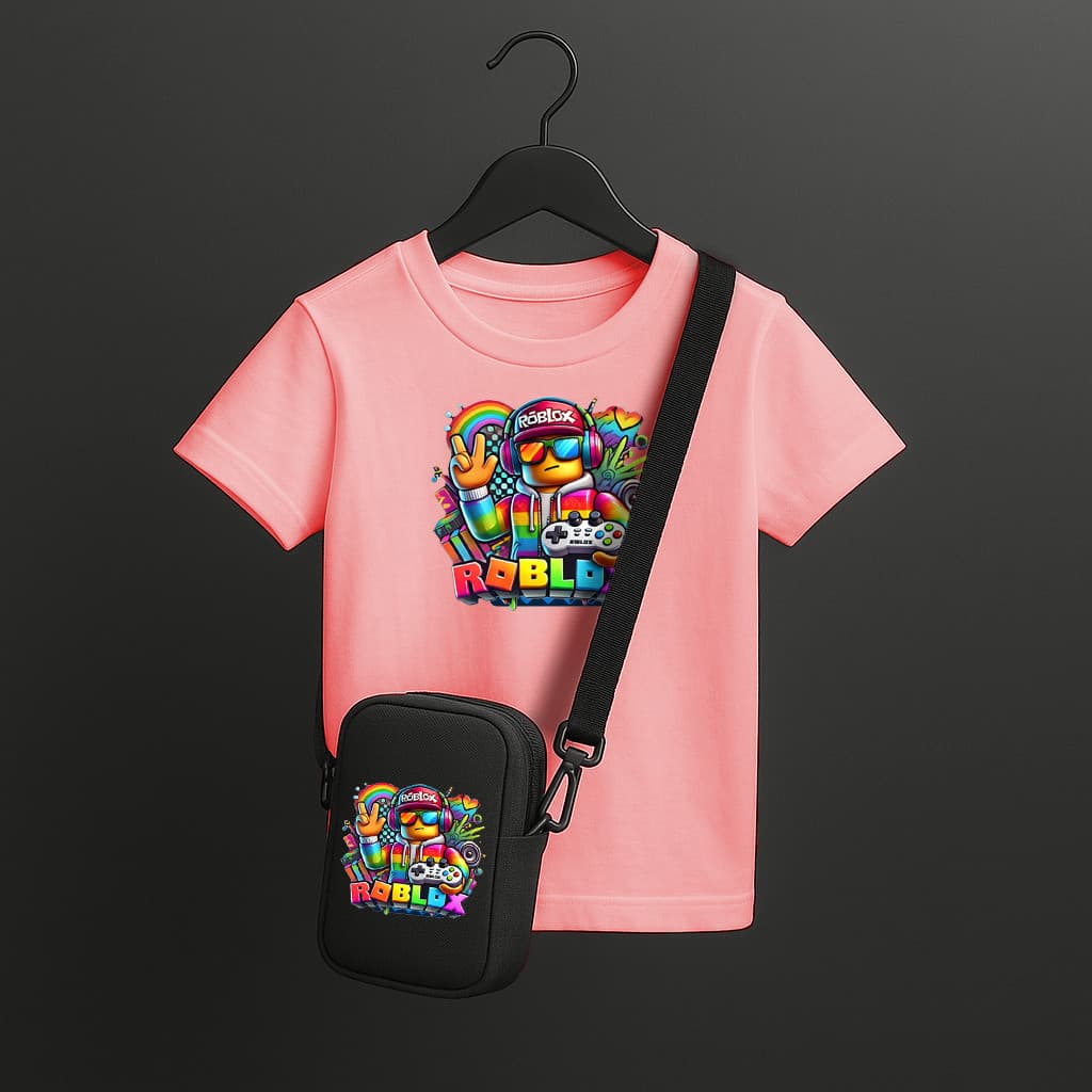 Conjunto Infantil Roblox – Camiseta Algodão + Bolsa Transversal Mochilinha Unissex