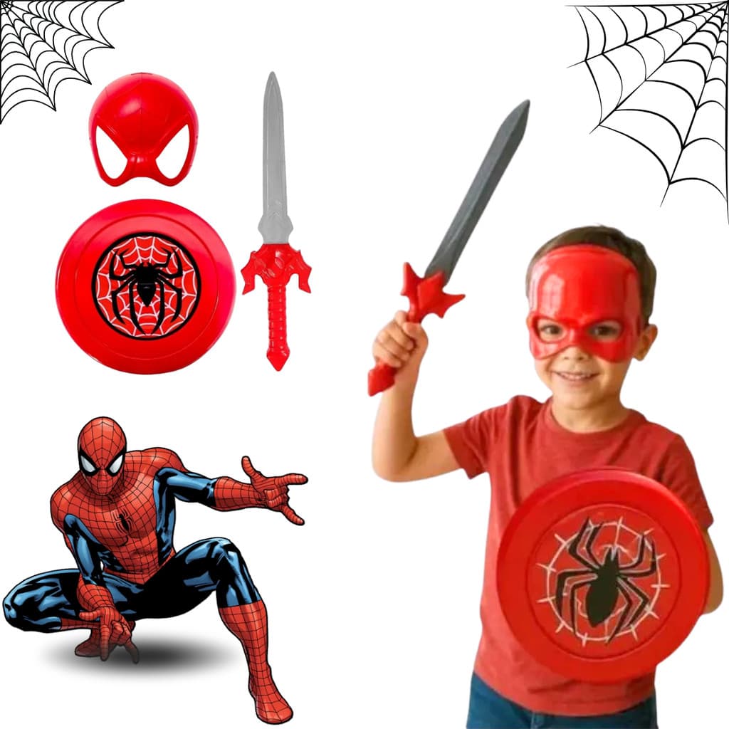 Brinquedo Infantil 3 em 1 Espada Com Máscara e Escudo Homem Aranha Super Heróis Seu Filho Vai Adorar