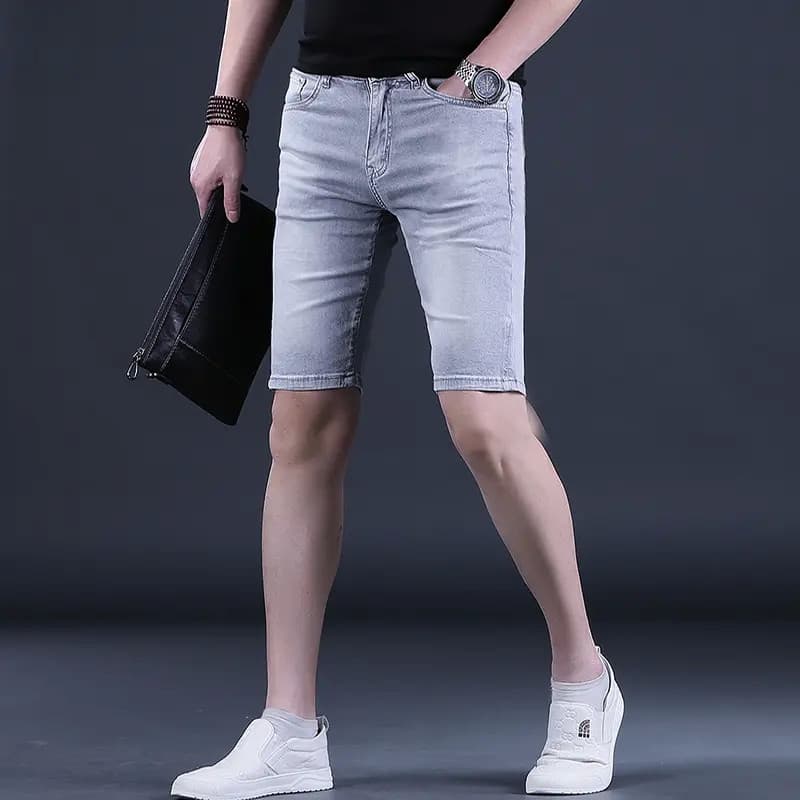 Shorts jeans cinza fumaça calças cortadas masculinas estiramento Slim fit calças médias na moda Casual 5 pontos verão