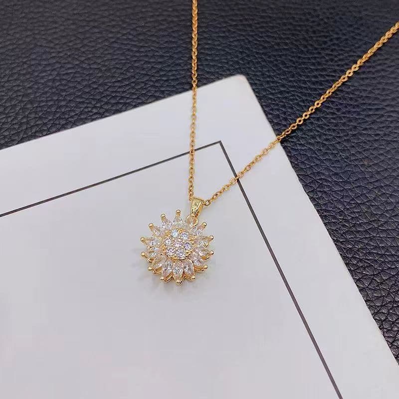 Colar de Girassol Moda Colar de Girassol Feminino de Dupla Camada Rotativa Pingente de Flor Exclusiva Cadeia de Clavícul