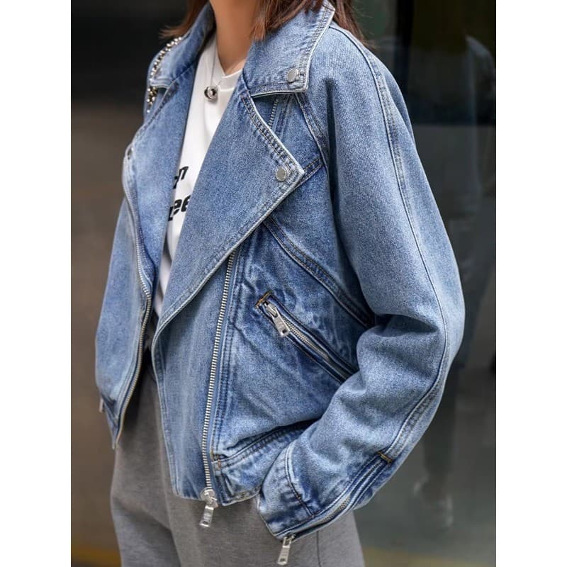 Jaqueta Jeans Francesa Com Ombros Largos E Zíper Estilo Retrô 202608A
