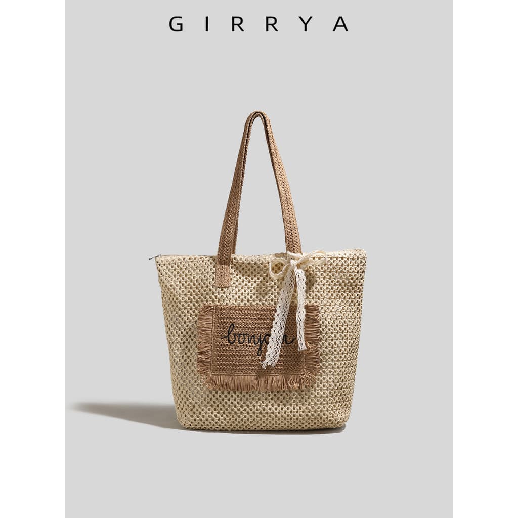 GIRRYA verão beira-mar praia palha saco feminino 2026 novo estilo tecido sacola grande capacidade Casual bolsa de ombro