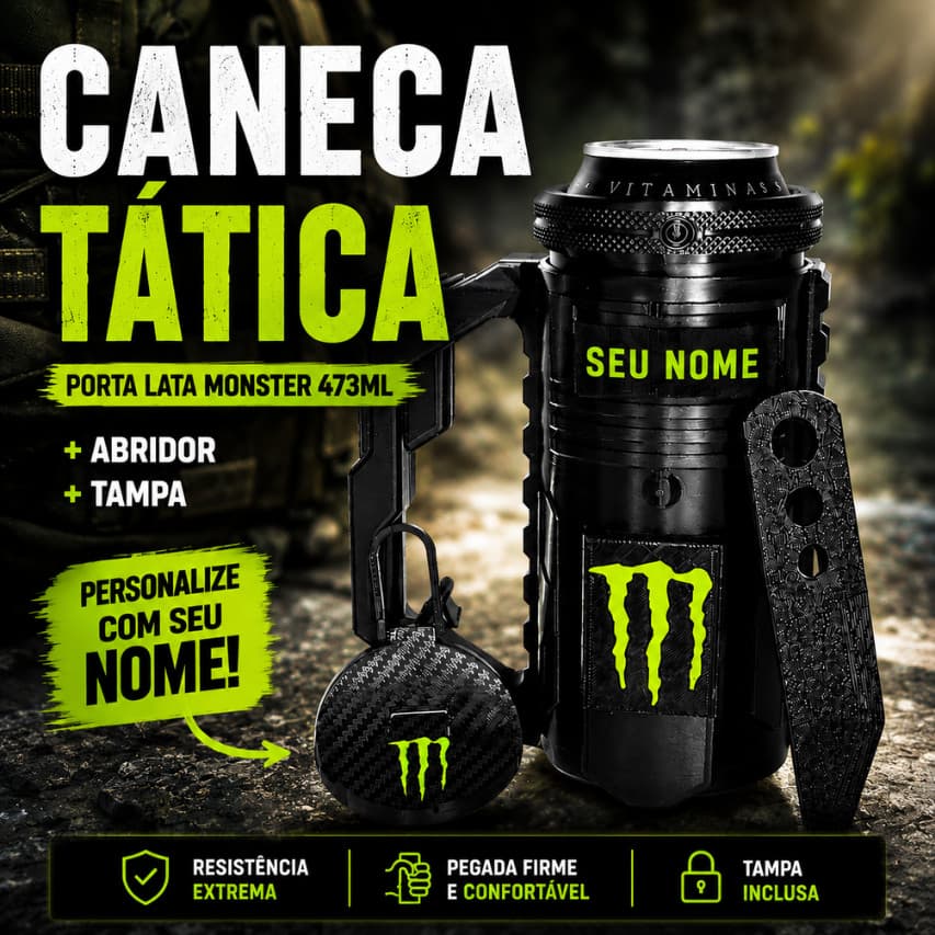 Caneca Porta Lata Tatica Monster Térmico Personalizado Exclusivo + Abridor + Tampa