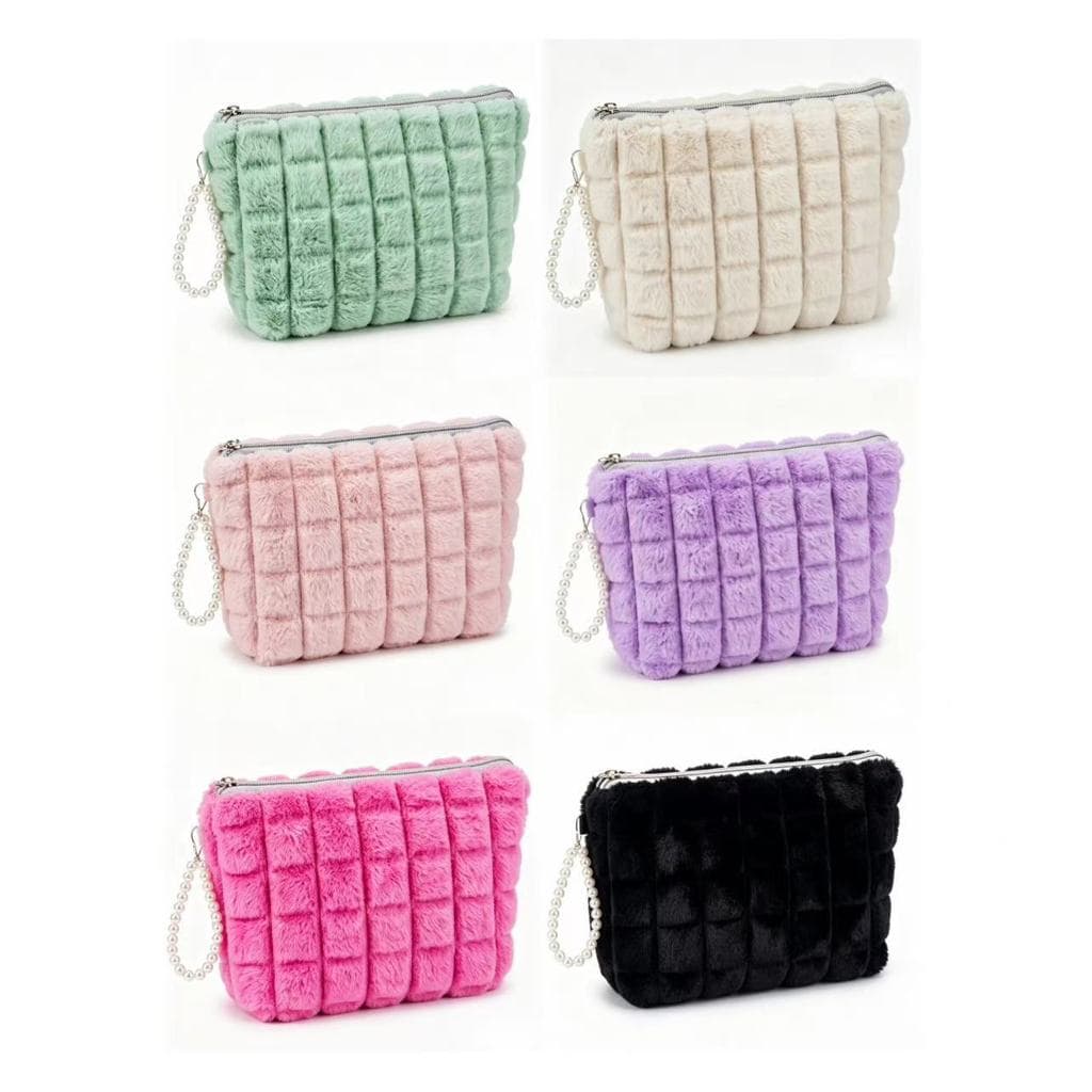 Necessaire Pelúcia Acolchoada com Alça de Pérolas Delicado Portátil Maquiagem Cosméticos Viagem Uso Diário Feminino