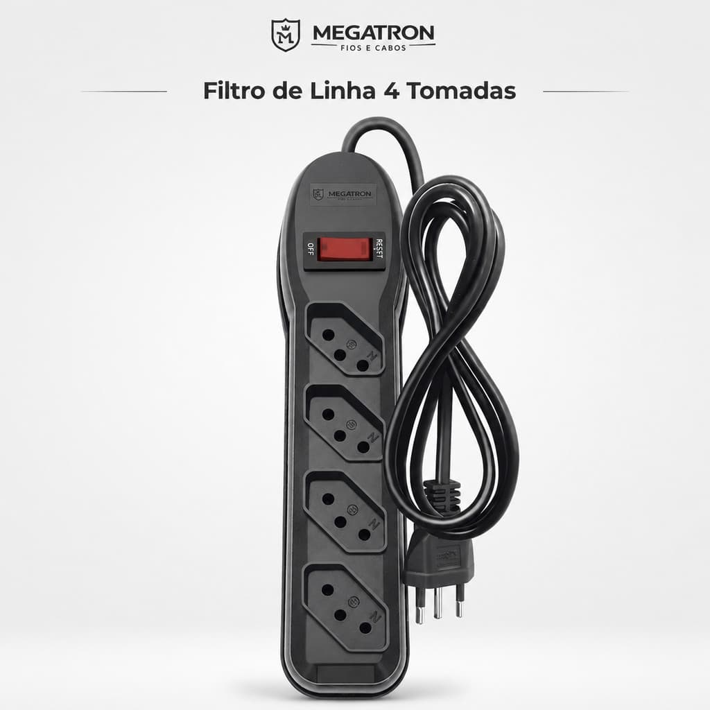 Filtro de Linha Megatron  4 Tomadas 10A Bivolt Cabo 1 Metro com Circuit Breaker Proteção Sobrecarga