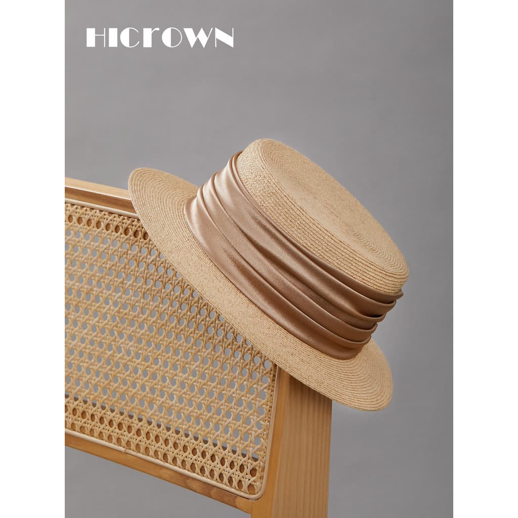 Primavera verão novo estilo Retro ráfia plana topo chapéu de palha feminino britânico chapéu superior aba plana cetim pl