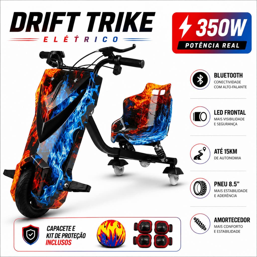 Triciclo Eletrico Infantil Drift 350W Com Amortecedor Bluetooth LED 3 Velocidades Com Proteção
