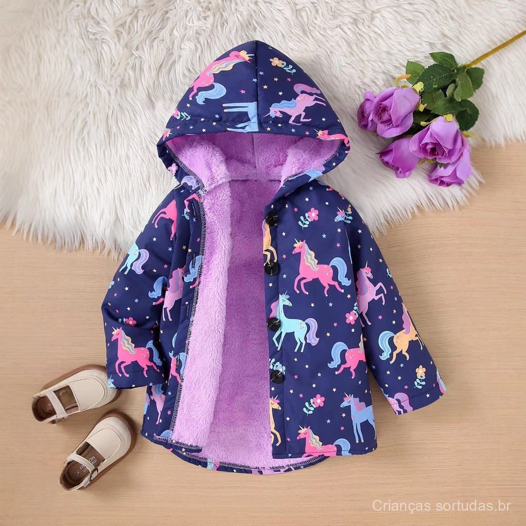 Casaco de comprimento médio para meninas com capuz, forrado com fleece, adequado para idades de 4 a 7 anos, ideal para o
