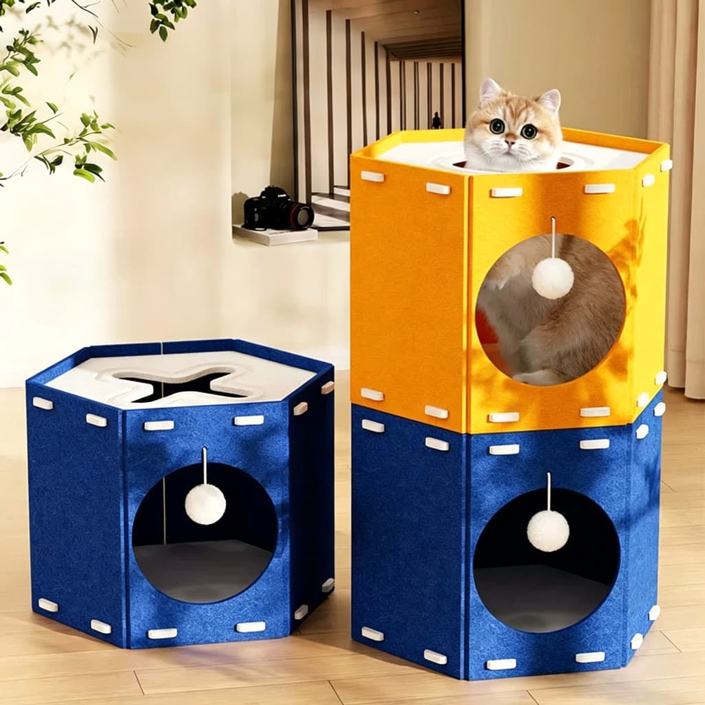 Casa para Gatos em Feltro Reforçado, Empilhável, Abrigo Duplo com Bolinha de Brinquedo, Resistente e Estável