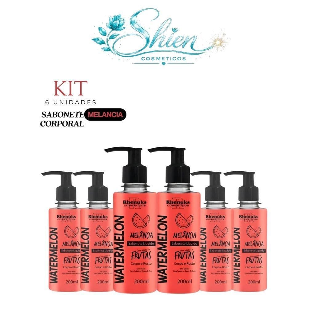 Kit 06 Sabonete Liquido Frutas Corpo e Rosto Melancia 200ml Rhenuks (Afilhado)