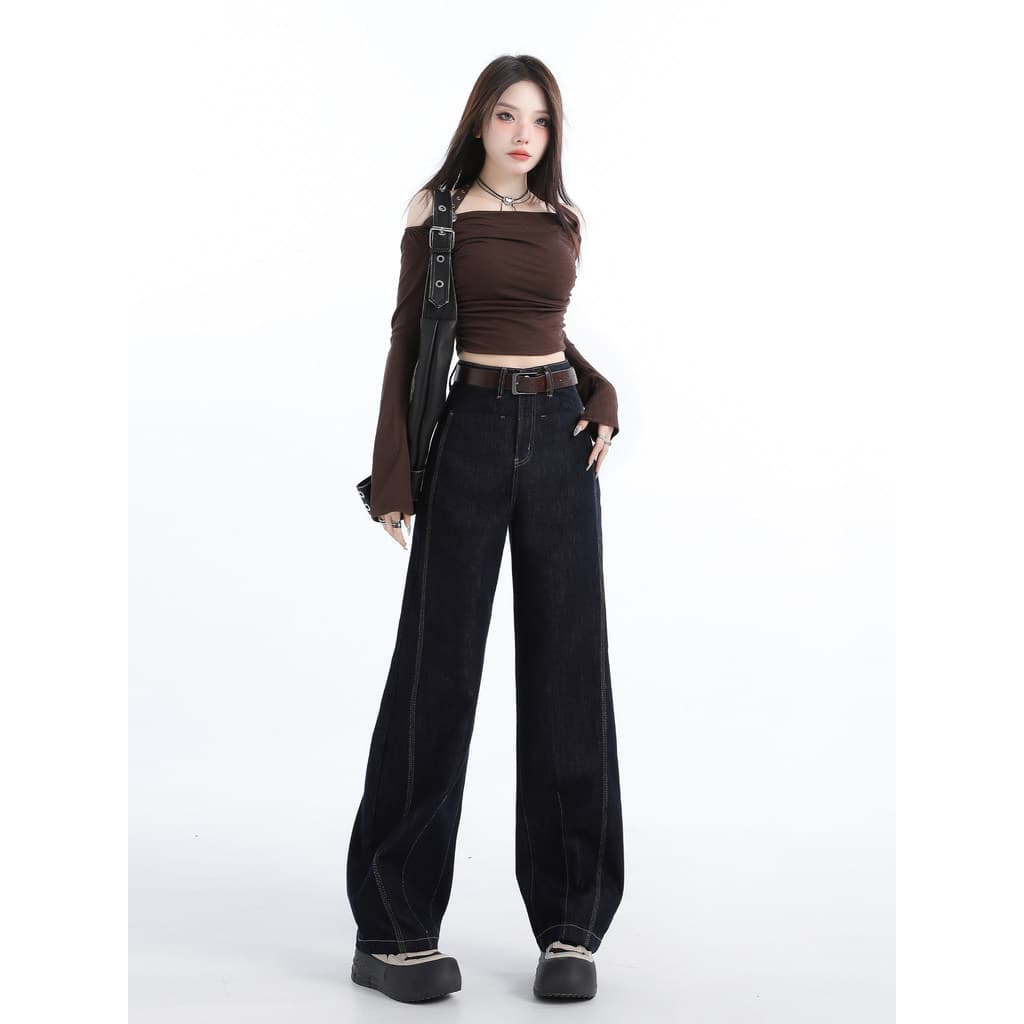 Vfvk azul escuro calças de brim retas femininas calças pequenas americano High Street estreito calças de perna larga fem