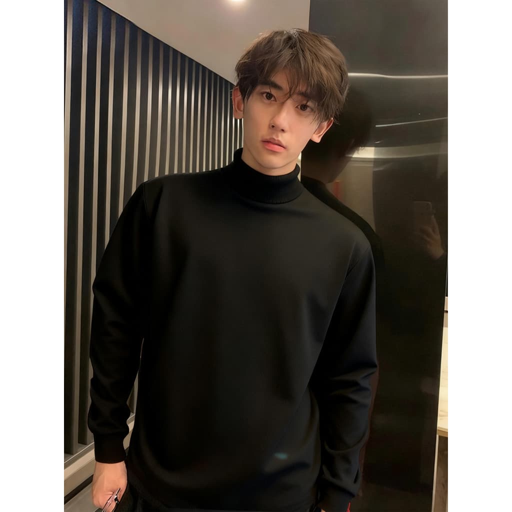 Preto meia gola alta alemão veludo camisa de fundo masculino outono inverno juventude forro de lã moletom interior manga