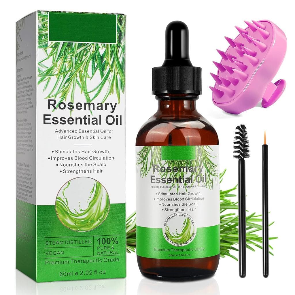 Óleo de Alecrim para Crescimento Capilar 2.02 Fl Oz com Massageador de Couro Cabeludo, Óleo Essencial de Alecrim Puro pa