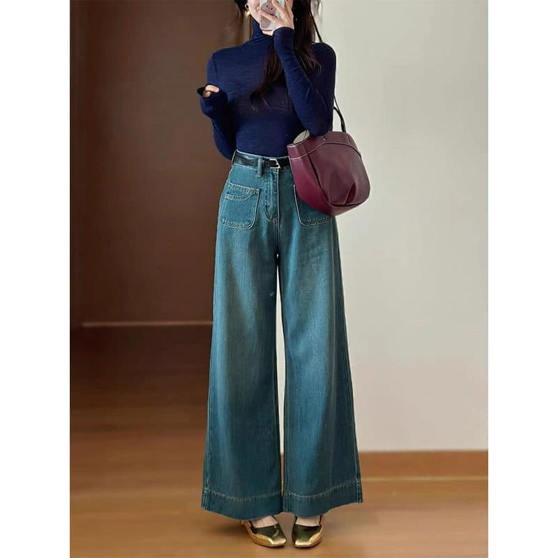 Jeans de perna larga feminino primavera 2026 novo estilo cintura alta mais magro olhar solto Design nicho calças retas e