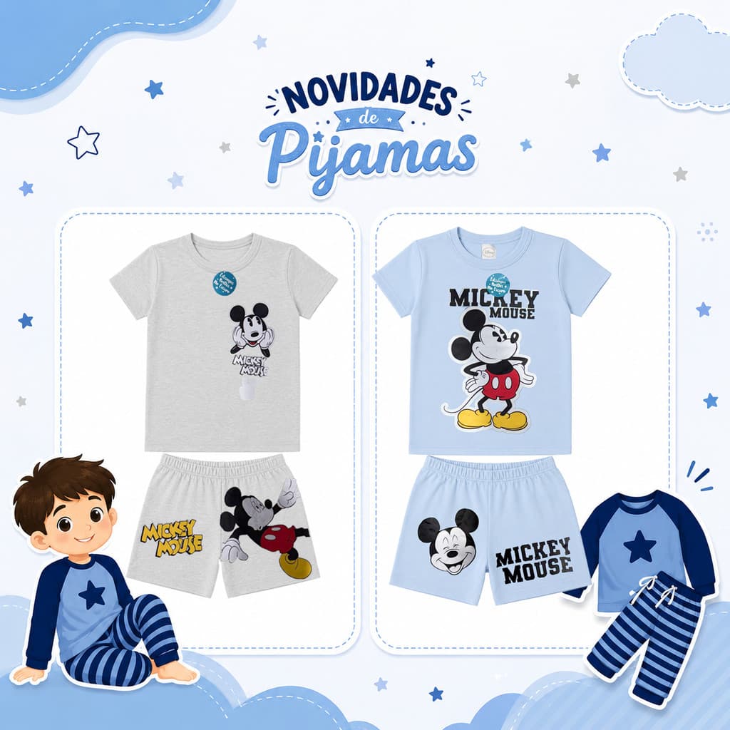 Kit 2 Pijamas Verão Brilha no Escuro infantil Personagens Manga Curta Menino Mickey