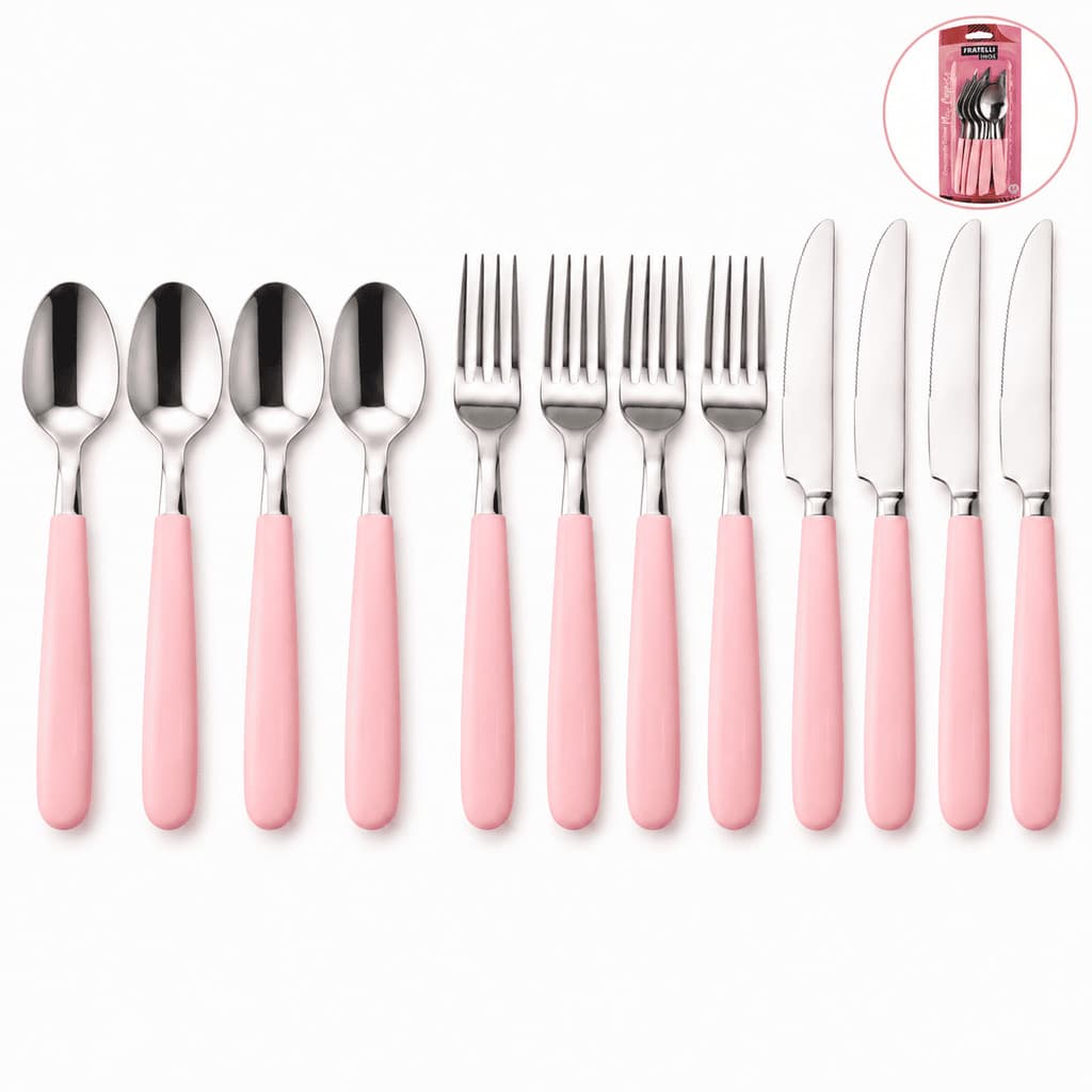 Faqueiro Rosa Fratelli 12 Peças Talheres Inox Cabo Plástico Para Cozinha Mesa Posta Uso Diário
