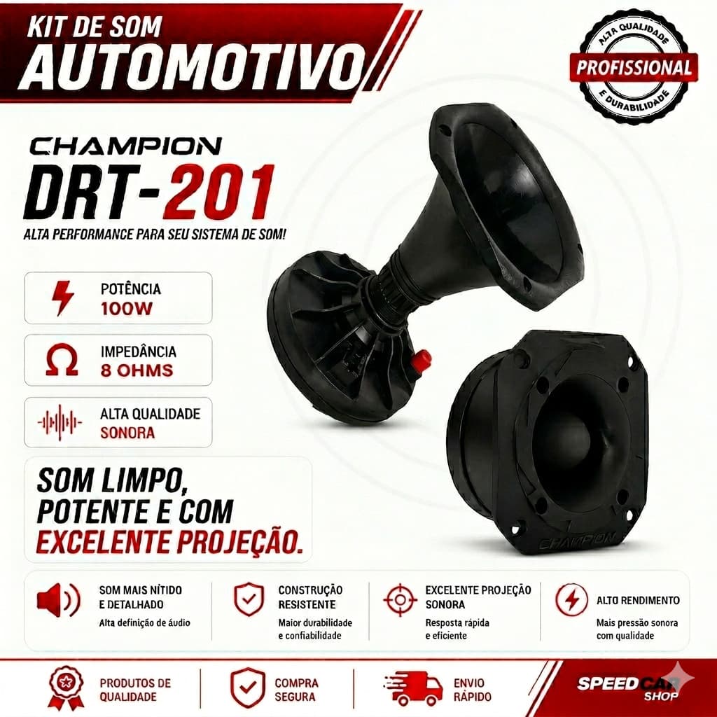 Kit Driver Champion + Tweeter Champion + Corneta Curta 100W para Som de Carro Caixa de Som Som Trio