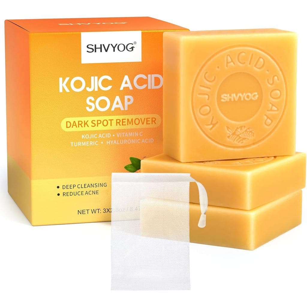 Sabonete de ácido kójico, sabonete de cúrcuma e sabonete de vitamina C são usados para eliminar cravos, acne e manchas,
