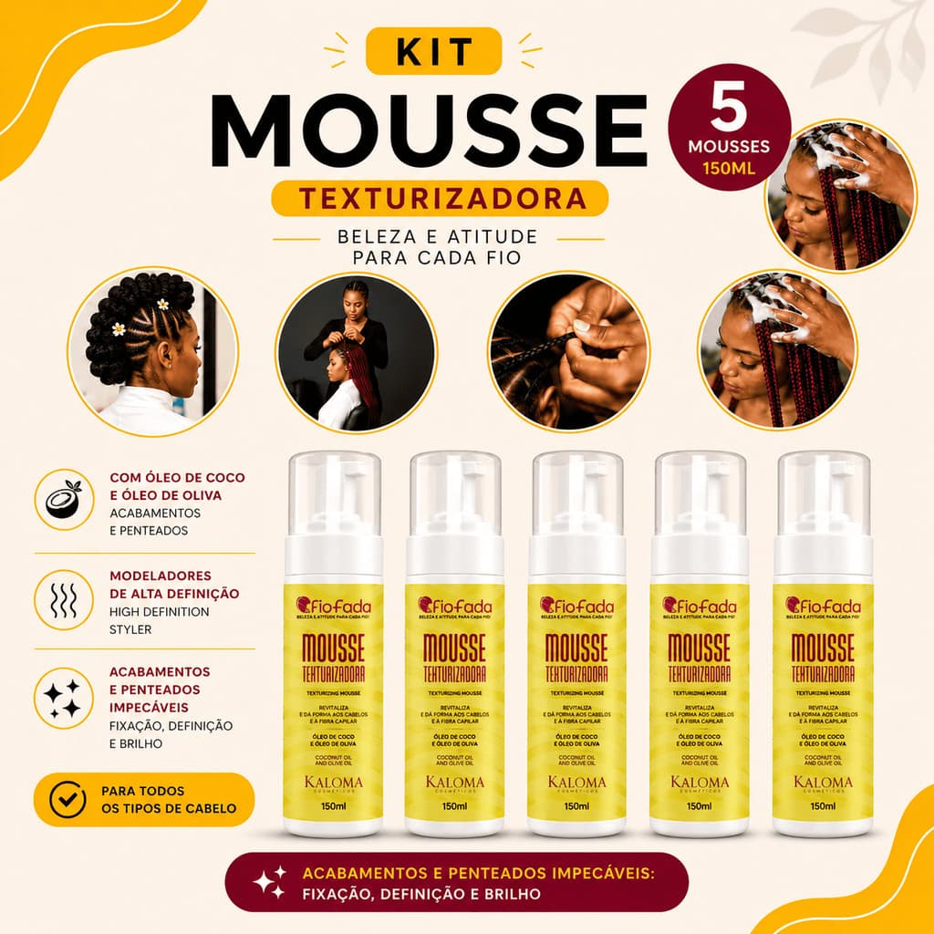 Kit 5 Mousses Fio de Fada 150ml Texturizador Espuma Para Cabelos Tranças e Fibras