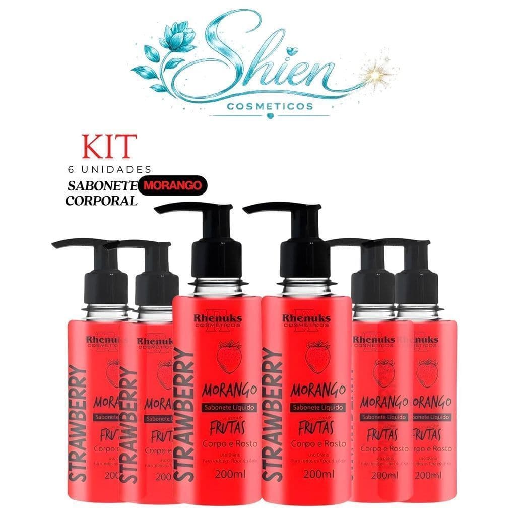 Kit 06 Sabonete Liquido Frutas Corpo e Rosto Morango 200ml Rhenuks (Afilhado)