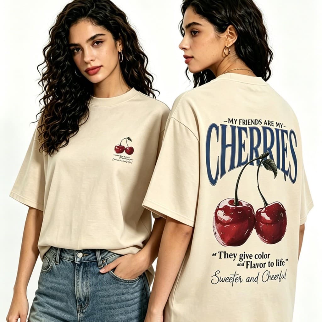 Camiseta Feminina de 100% Algodão Premium, Estampa de Cerejas Vintage nas Costas, Tamanhos Completos P-G3