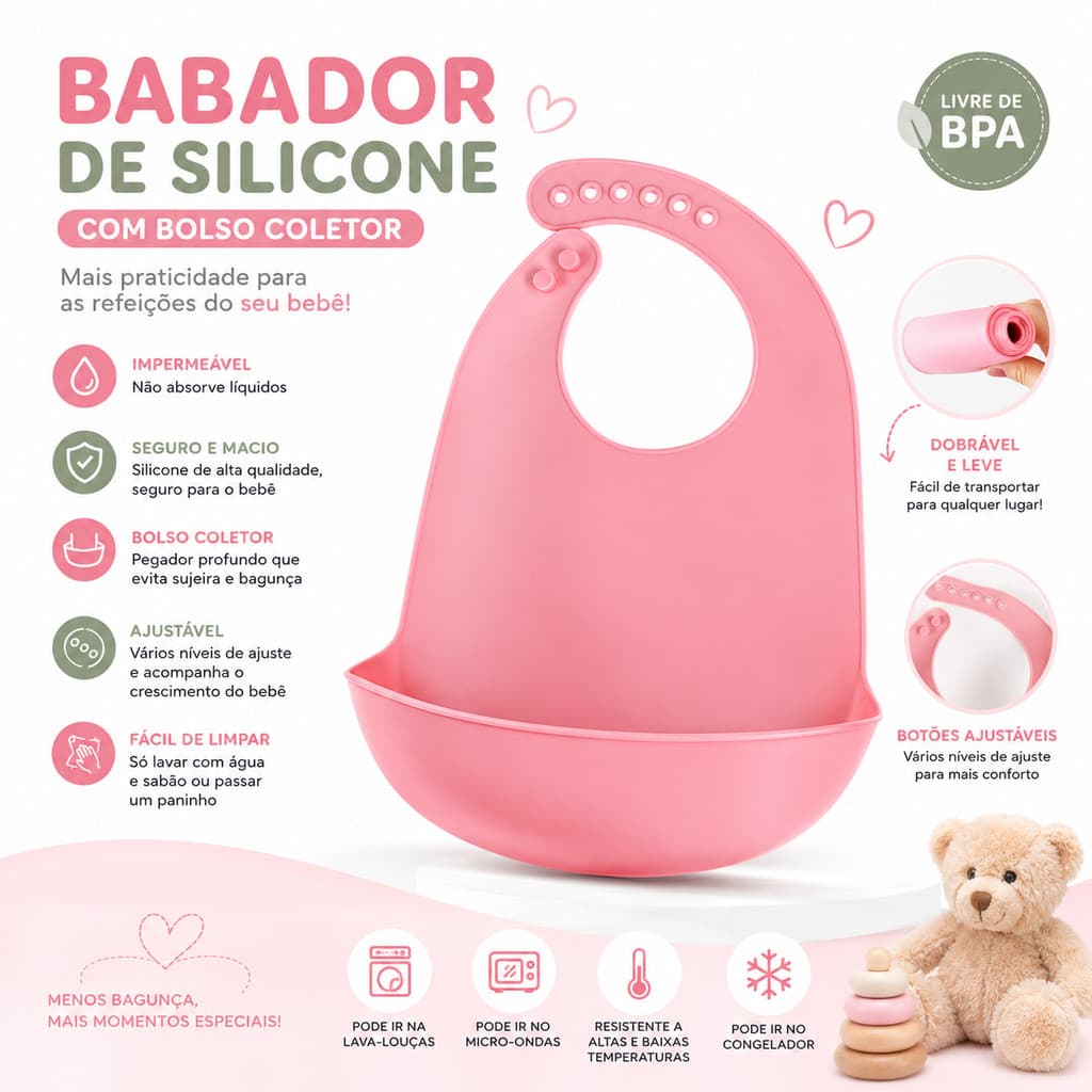 Babador Infantil Silicone Cata Migalhas Impermeável Ajustável para Introdução Alimentar
