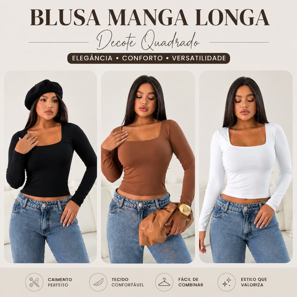 Blusa Manga Longa Blusinha Feminina Decote Gola Quadrada Moda Inverno Frio Forro Duplo nos Seios