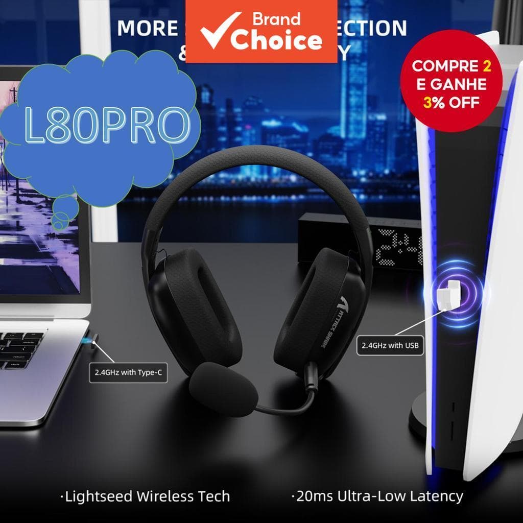 ATTACK SHARK L80PRO Fones de Ouvido Gamer 3 em 1, conexão mais estável e baixa latência, 20ms de latência ultra baixa,