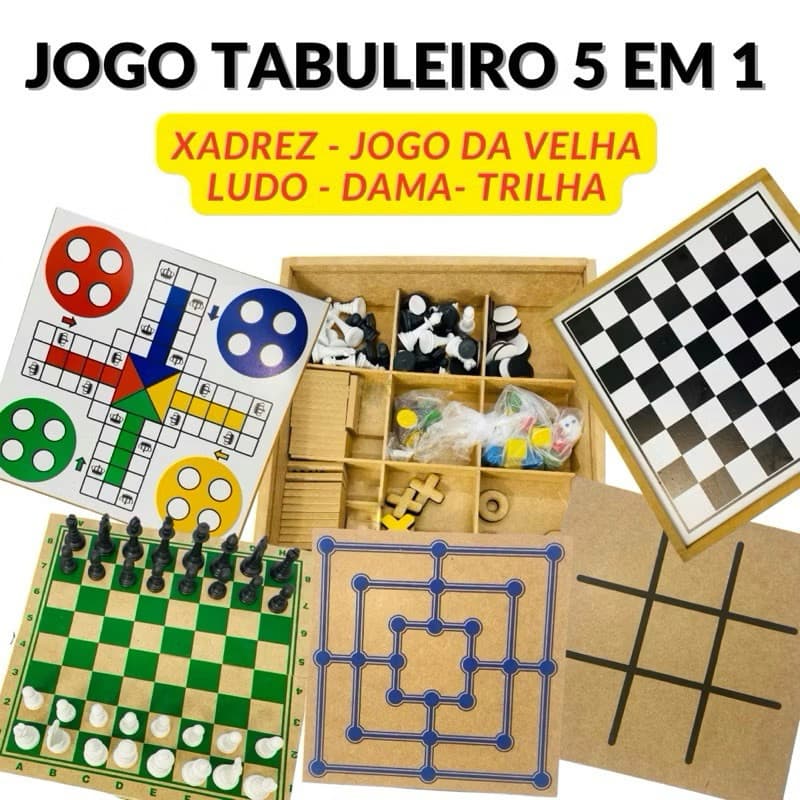 Jogo 5 em 1 Tabuleiro Jogos de Mesa 5x1 Jogo da Velha, Ludo, Xadrez, Dama, Ludo, Trilha Brinquedo inteligente