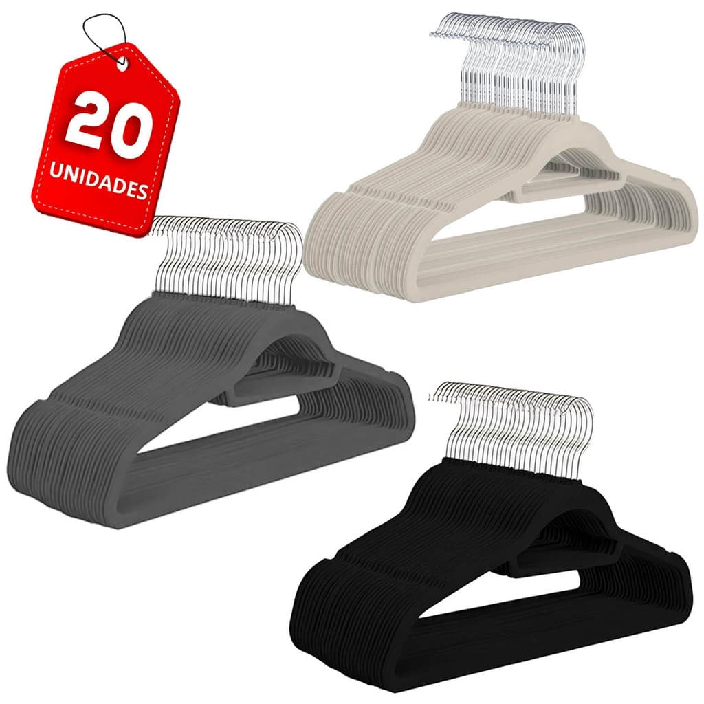 Kit 20 Cabides Aveludado 42cm Slim Antideslizante Adulto Gancho Cromado Roupas Delicadas